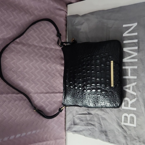 Brahmin Black Crocodile-Embossed Shoulder Bag with Gold Hardware - Picture 1 of 9